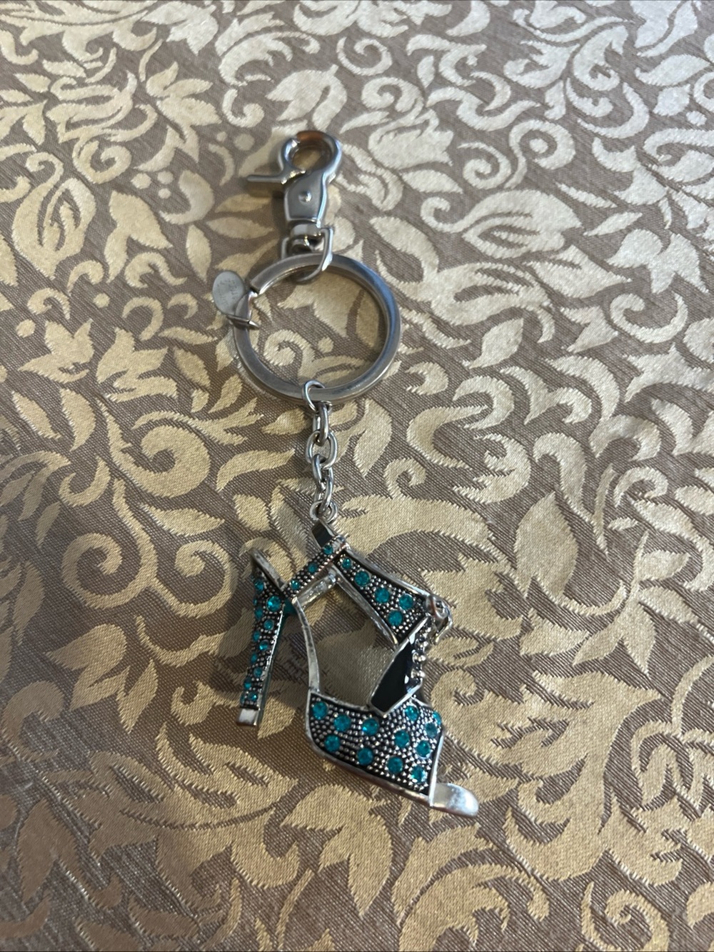 Spring Street High Heel Shoe Keychain Rhinestones Teal Turquoise Fashion